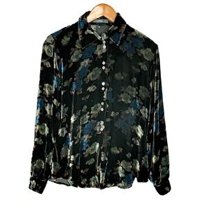 Ishyu Black Crushed Velvet Floral Button Up Top Womens 12 Dark Boho Whimsigoth